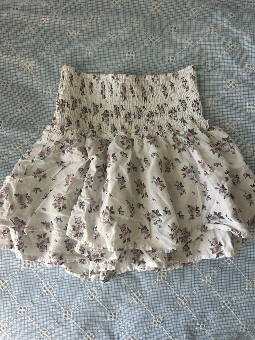 Hollister White Smocked Floral Mini Skort with Lavender & Green Print